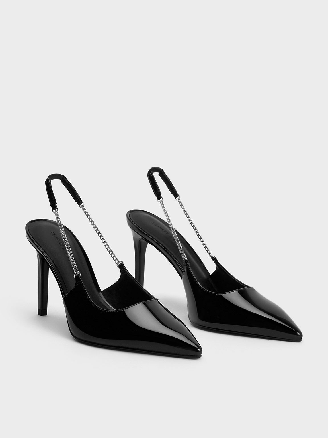 Patent Chain-Link Pointed-Toe Slingback Pumps - Black Patent