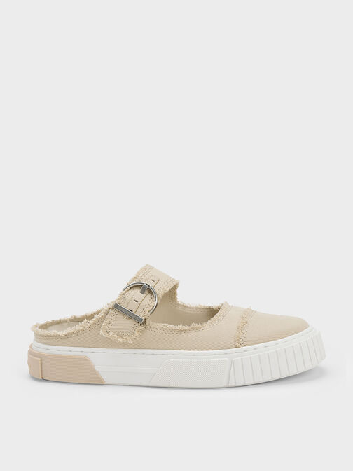 Denim Buckled Slip-On Sneakers, Beige, hi-res