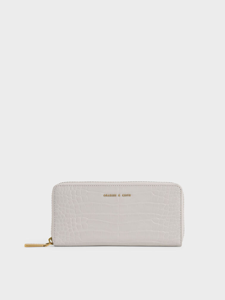 Croc-Effect Long Wallet, Ivory, hi-res