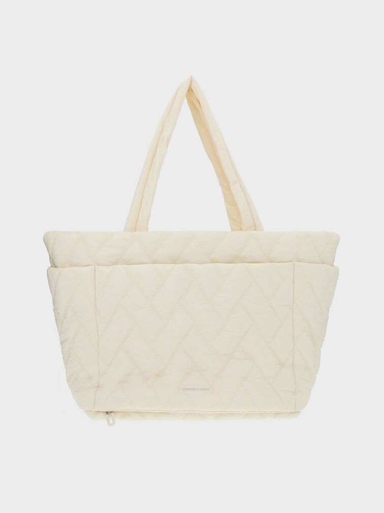 Bolso tote estilo chevron de nylon, Crema, hi-res