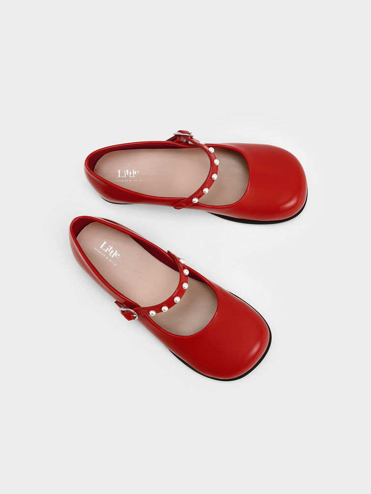 Girls' Patent Pearl-Embellished Mary Janes, Red, hi-res