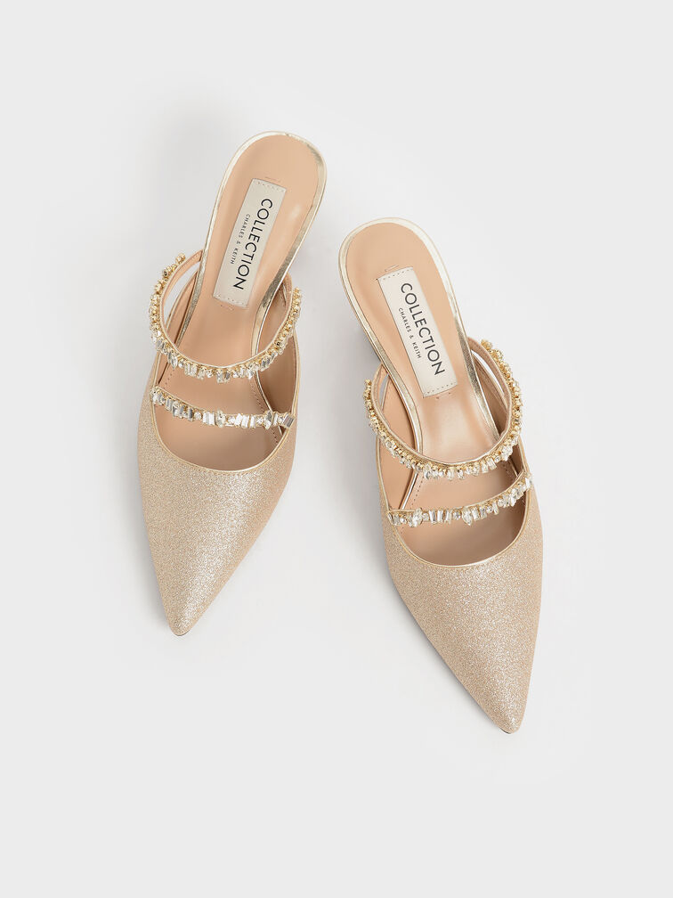 Gold Gem-Encrusted Metallic Glittered Mules - CHARLES & KEITH US