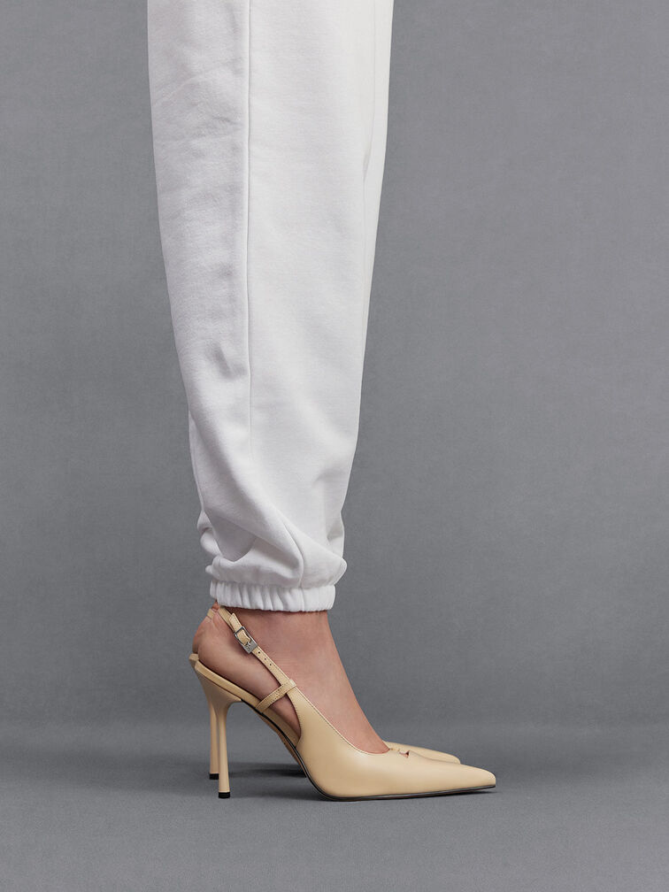 Leather Pointed-Toe Slingback Pumps, Beige, hi-res