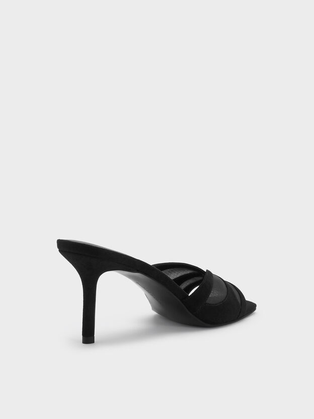 Faux Suede & Mesh Heeled Mules, Black Textured, hi-res