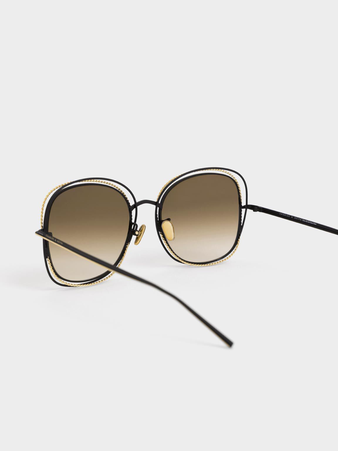 Cut-Out Frame Metallic-Rimmed Butterfly Sunglasses, Black, hi-res