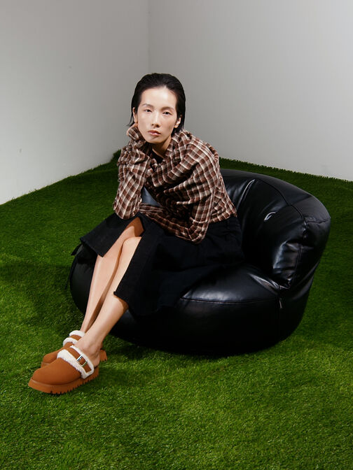 Hannah Textured Fur-Trim Buckled Mules, Brown, hi-res