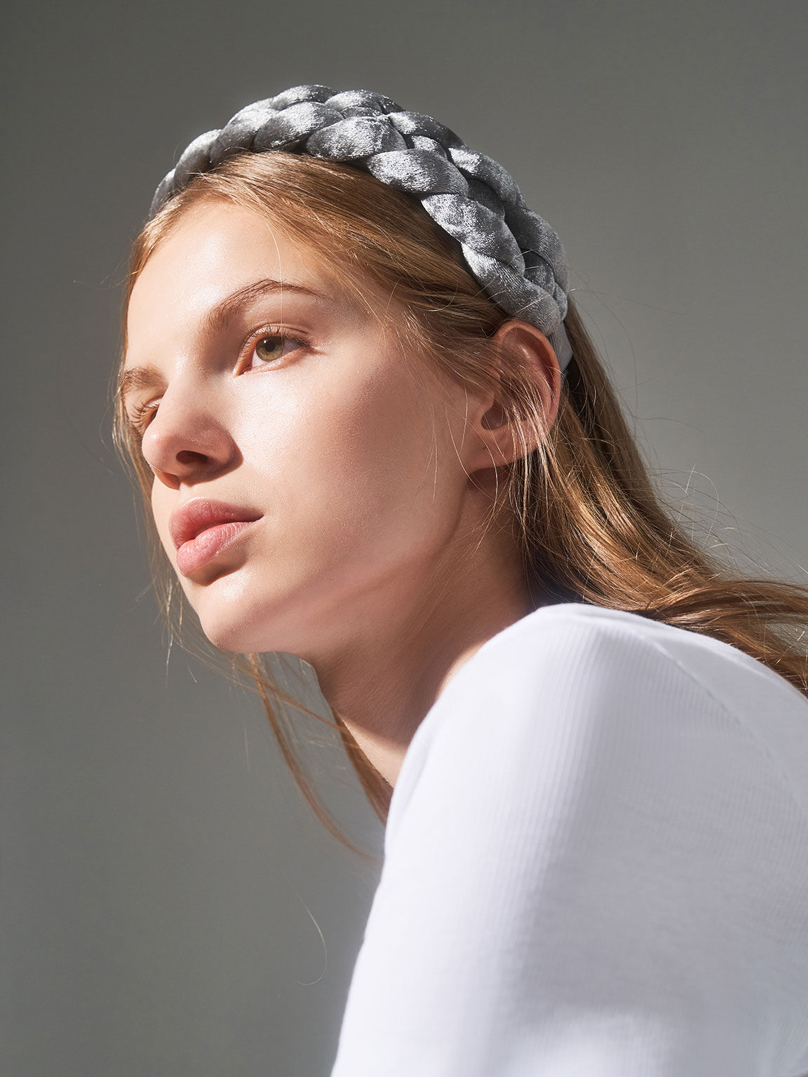 Estrello Velvet Braided Hairband, Grey, hi-res