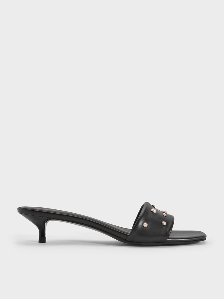 Susie Pearl-Embellished Square-Toe Kitten-Heel Mules, Black, hi-res
