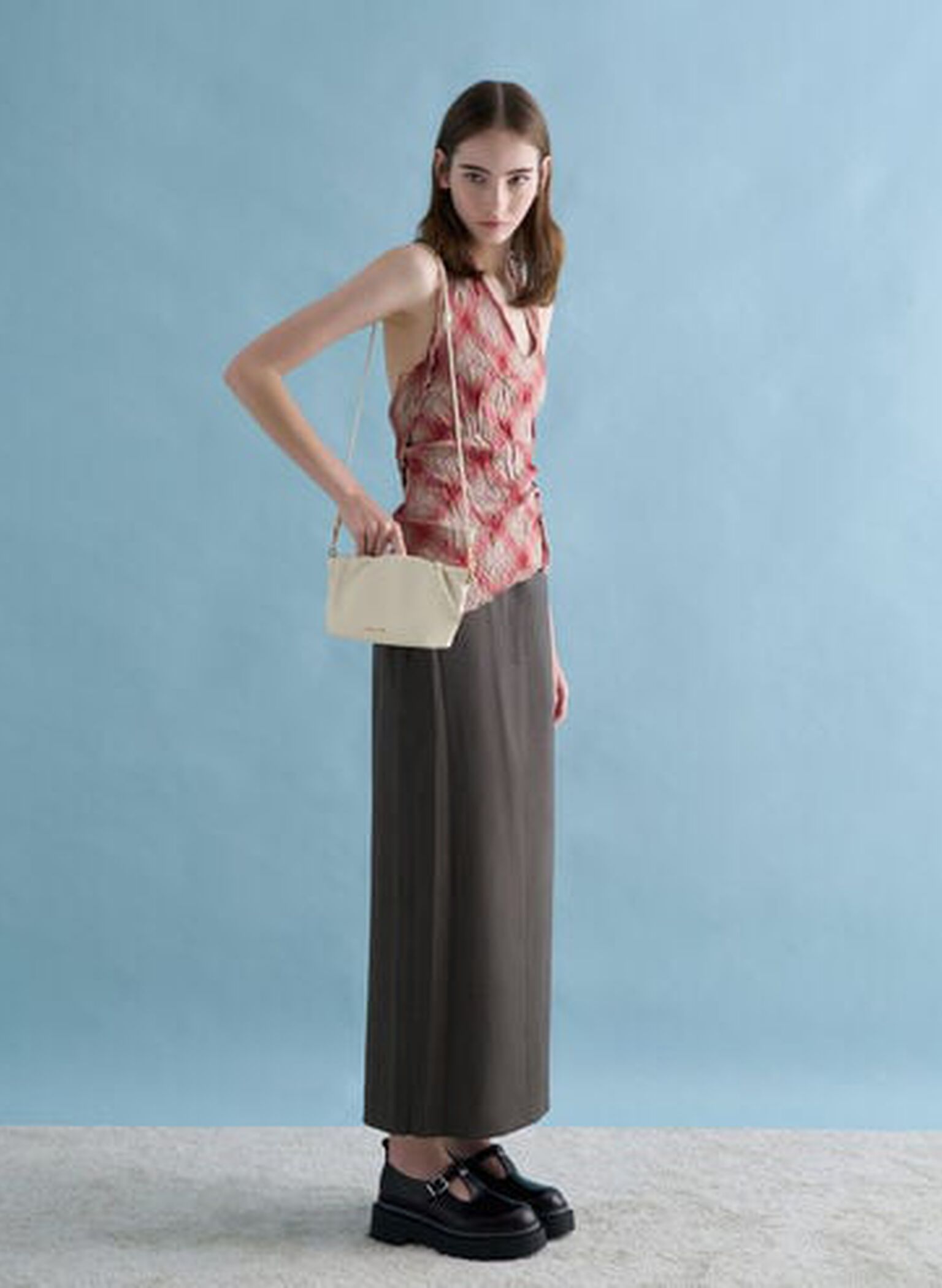 Brigette Ruched Chain-Handle Clutch, Cream, hi-res