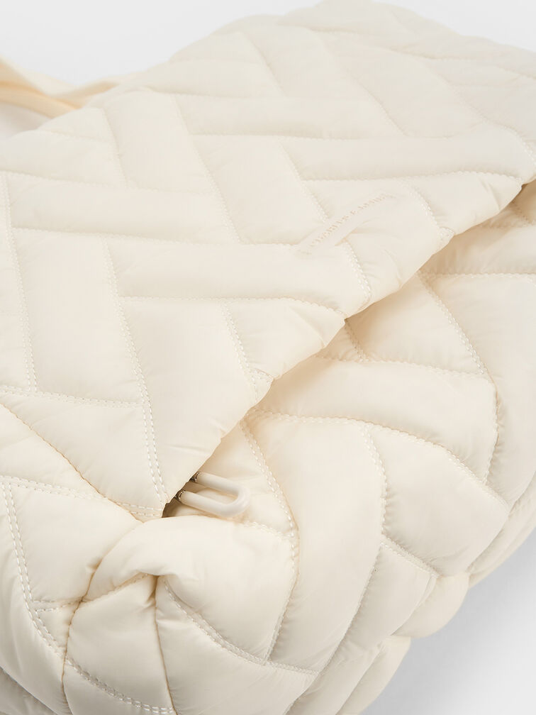 Bolso tote estilo chevron de nylon, Crema, hi-res
