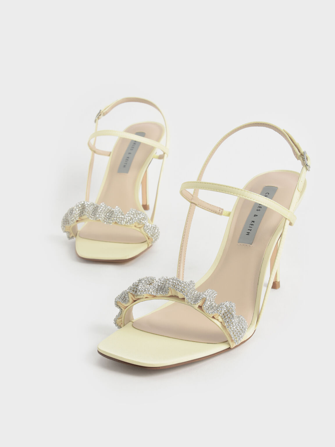 Gem-Embellished Satin Stiletto Sandals, Yellow, hi-res