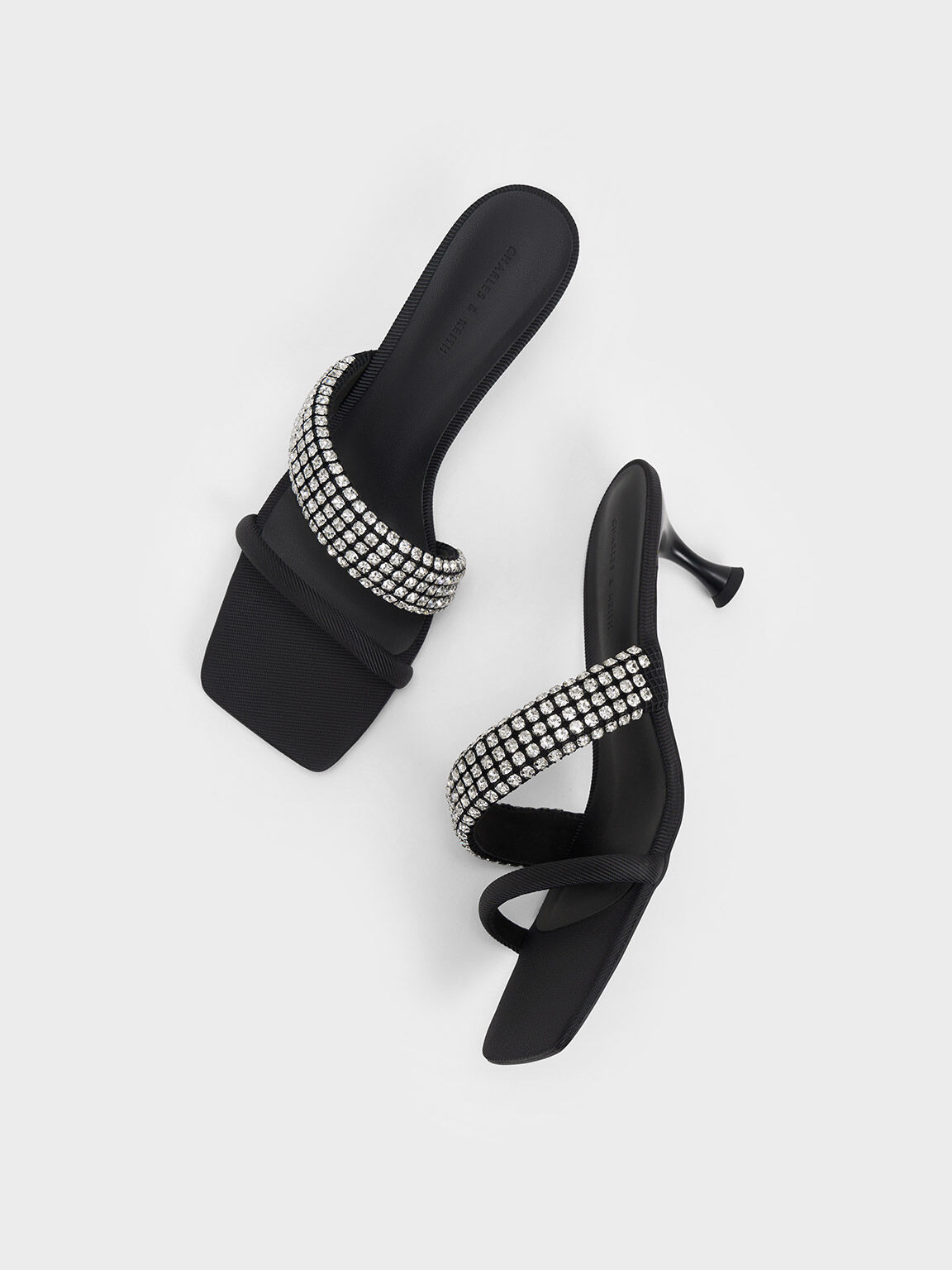 Gem Embellished Strappy Mules, Black, hi-res
