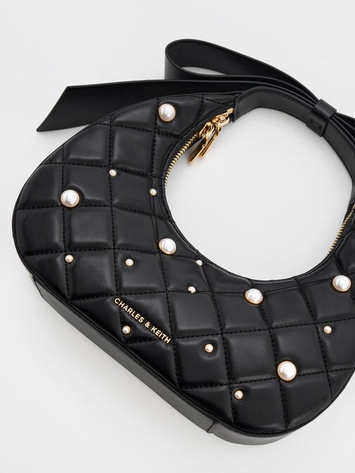 Janie Quilted Pearl Bow-Handle Bag, Black, hi-res