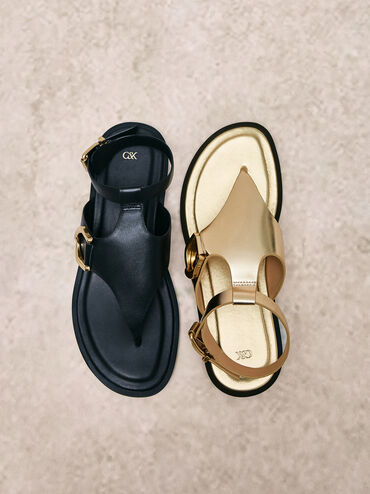 Gabine Leather Ankle-Strap Thong Sandals, Black, hi-res