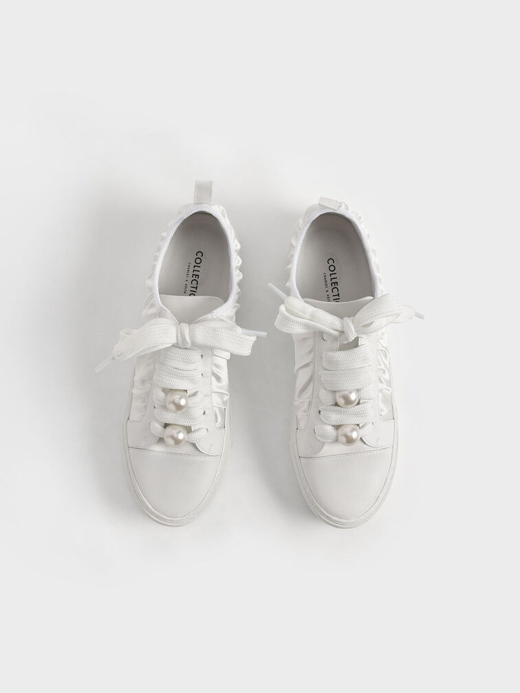Blythe Leather & Satin Bead-Embellished Sneakers, White, hi-res