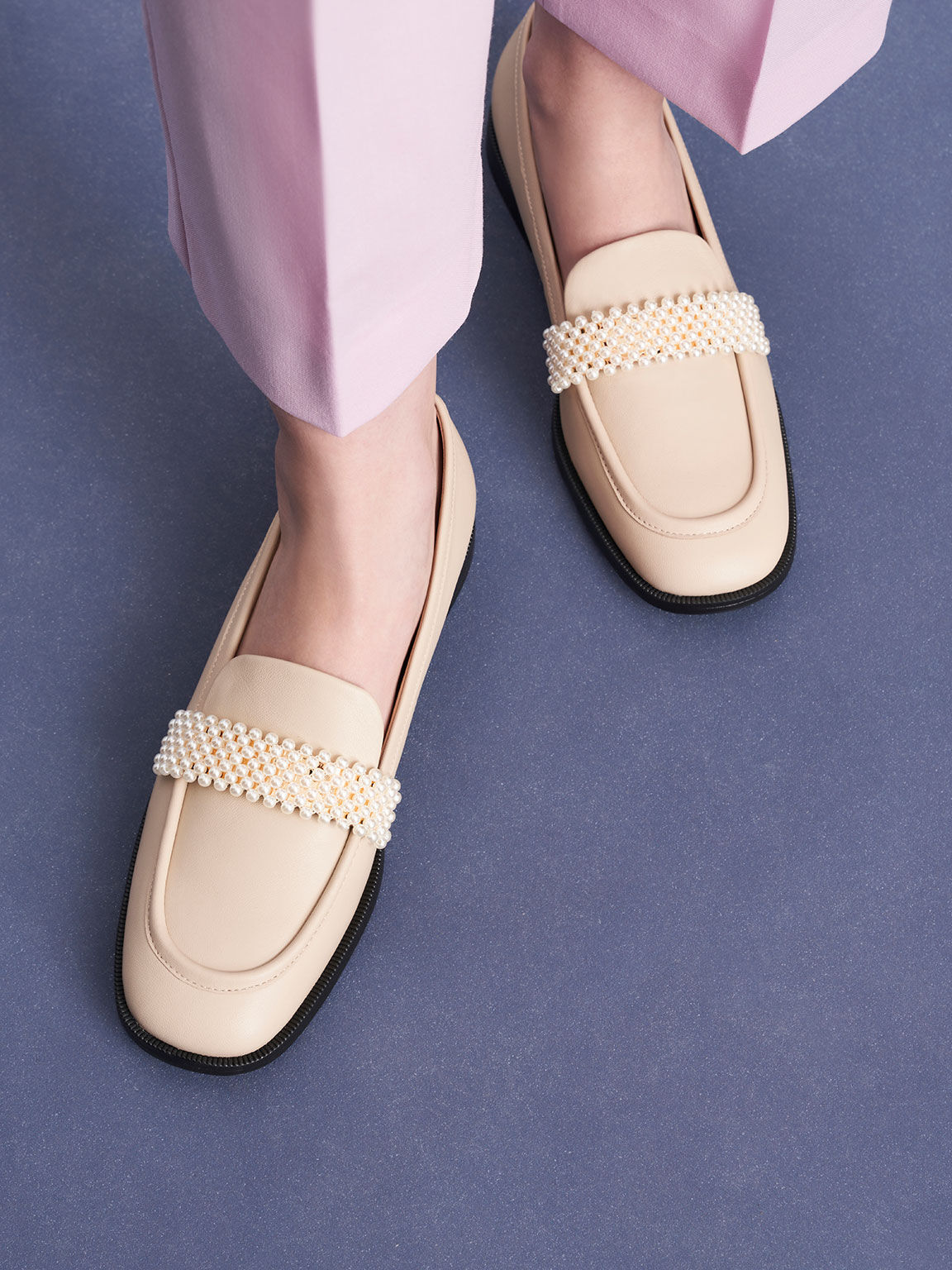 Beaded Penny Loafers, Beige, hi-res