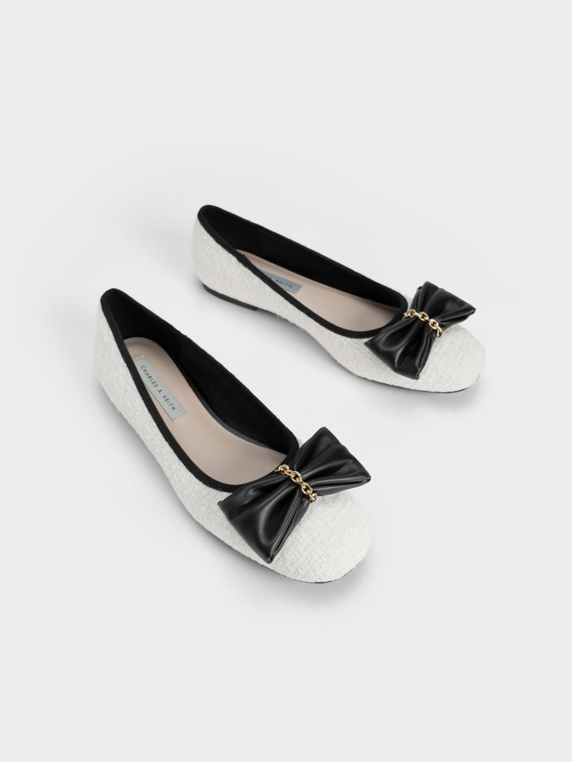 Tweed Chain-Link Bow Ballerinas, White, hi-res