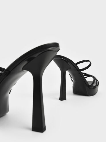 Braided Strap Platform Mules, Black, hi-res