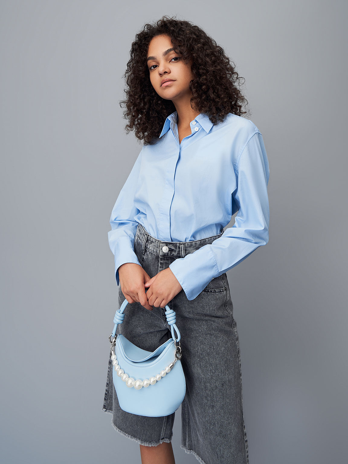 Bead-Embellished Knotted Handle Bag, Light Blue, hi-res