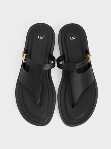 真皮T字夾腳涼鞋, 黑色, hi-res