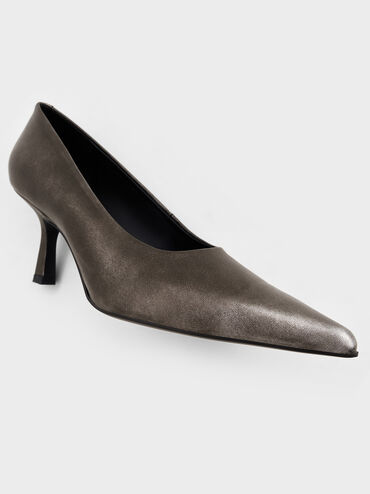 Metallic Pointed-Toe Kitten-Heel Pumps, Silver, hi-res