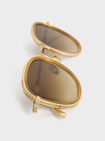 Lynx Recycled Acetate Metallic-Rim Oversized Sunglasses, Toffee, hi-res