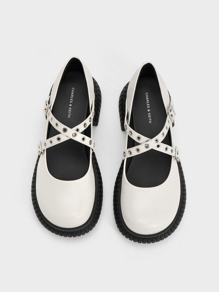 Grommet-Strap Platform Mary Janes, White, hi-res