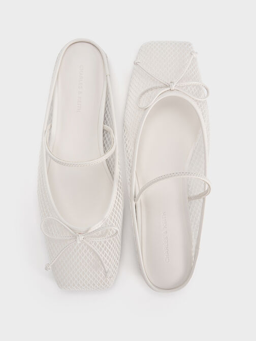 Mesh Bow Square-Toe Ballet Mules, White, hi-res