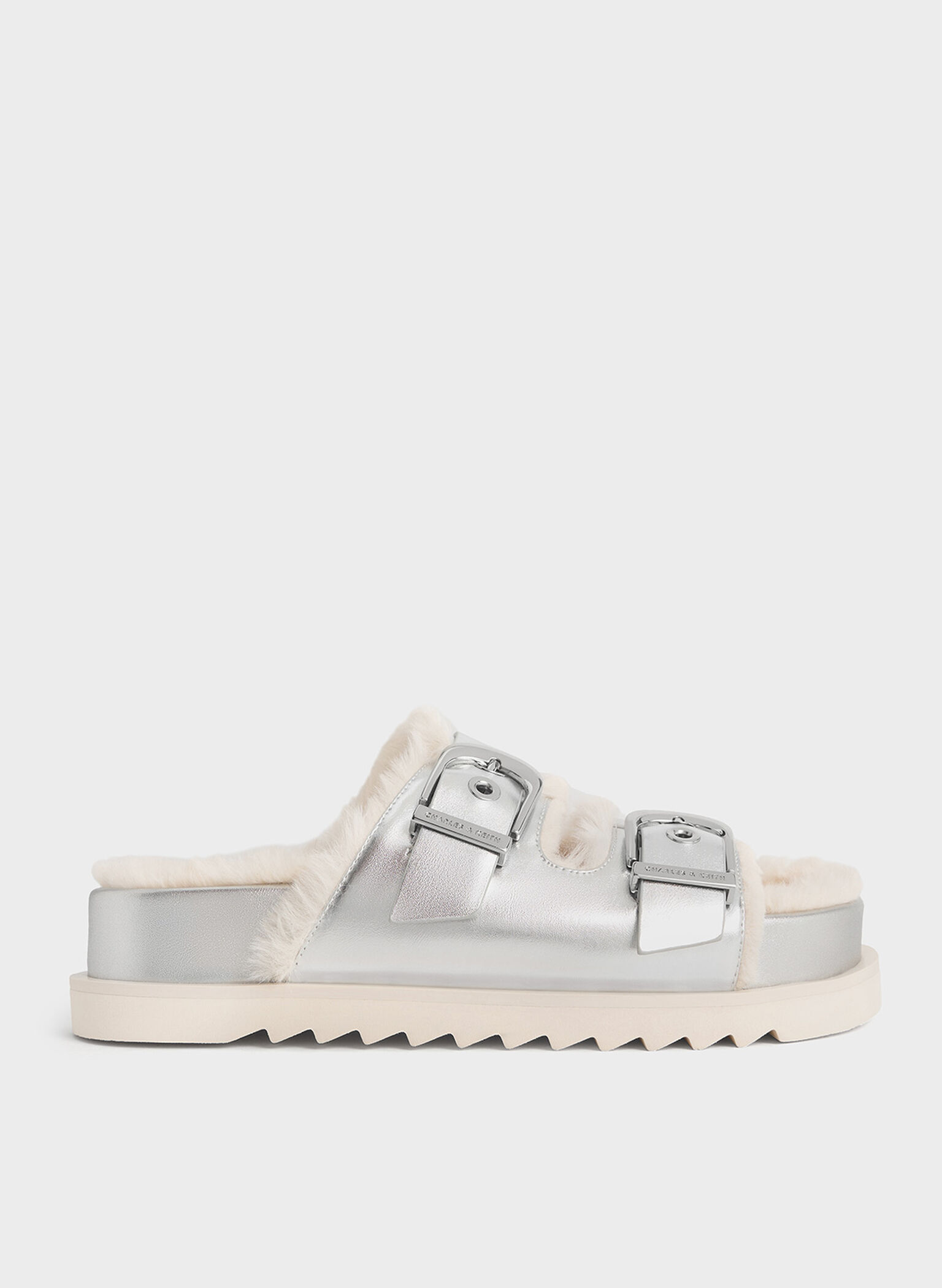 Hannah Metallic Furry Buckled Double-Strap Sandals, Silver, hi-res