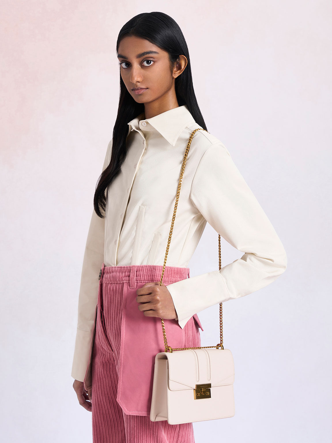 Metallic Push-Lock Shoulder Bag, Pink, hi-res