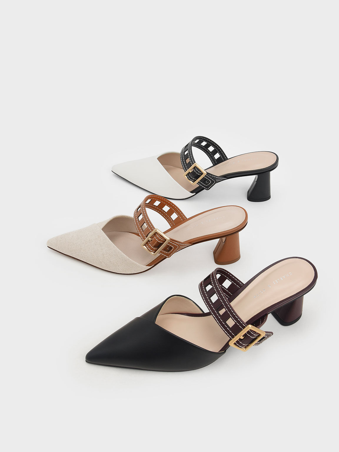 Cut-Out Strap Heeled Linen Mule Pumps, Caramel, hi-res