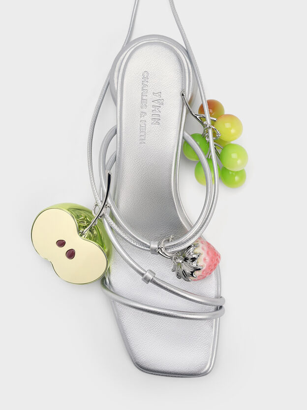 Strappy Tie-Around Sandals & Fruit Charms Set, Silver, hi-res