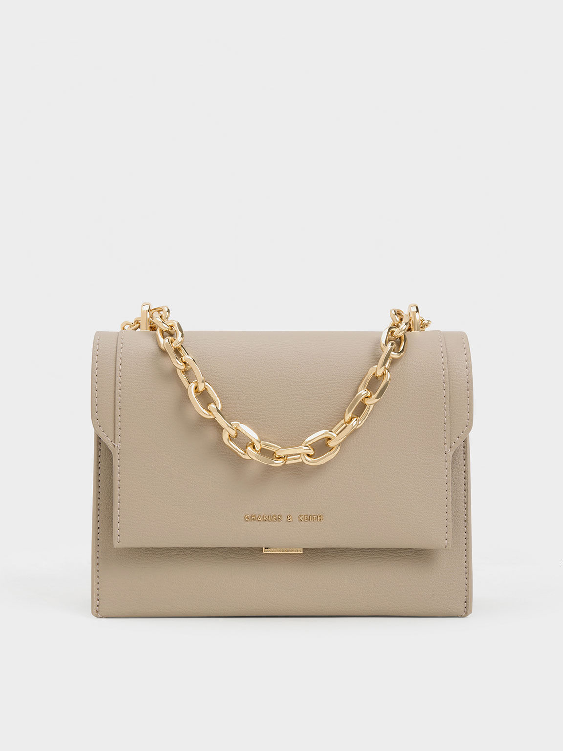 Front Flap Chain Handle Crossbody Bag Taupe