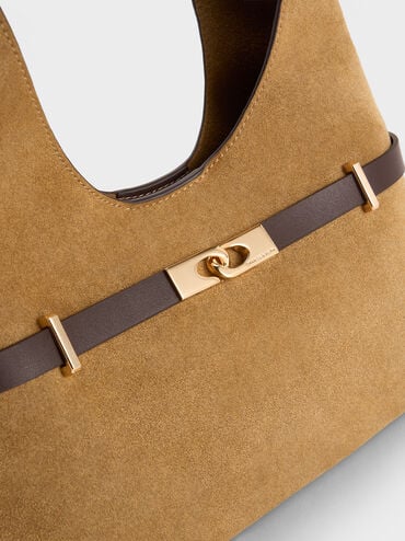 Arlet Recycled Suede Metallic-Accent Belted Hobo Bag, Sahara Sand, hi-res
