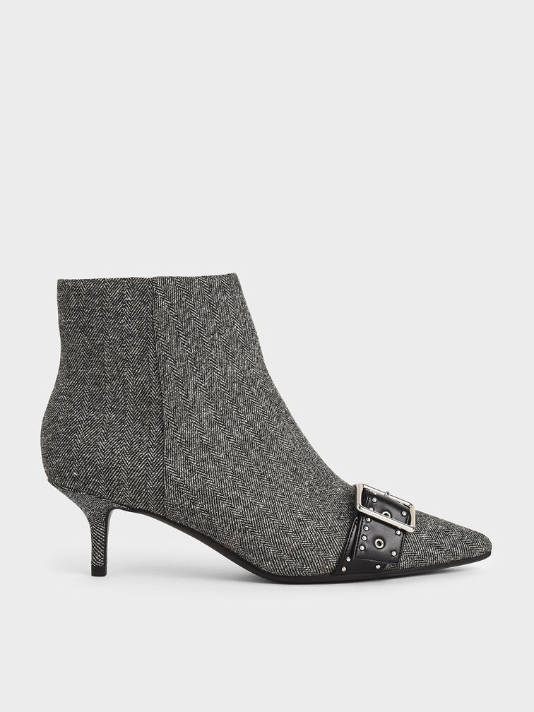 Woven Fabric Studded Ankle Boots, Dark Grey, hi-res