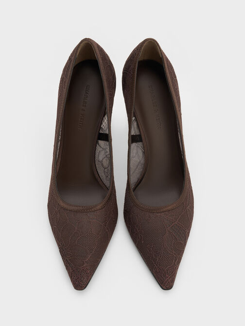 Lace & Satin Stiletto Pumps, Dark Brown Textured, hi-res