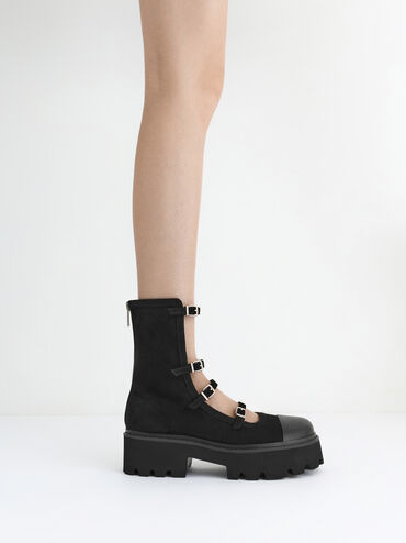 Botas de cano curto grossas com fivela e tiras m&uacute;ltiplas de camur&ccedil;a sint&eacute;tica Celia, Preto texturizado, hi-res