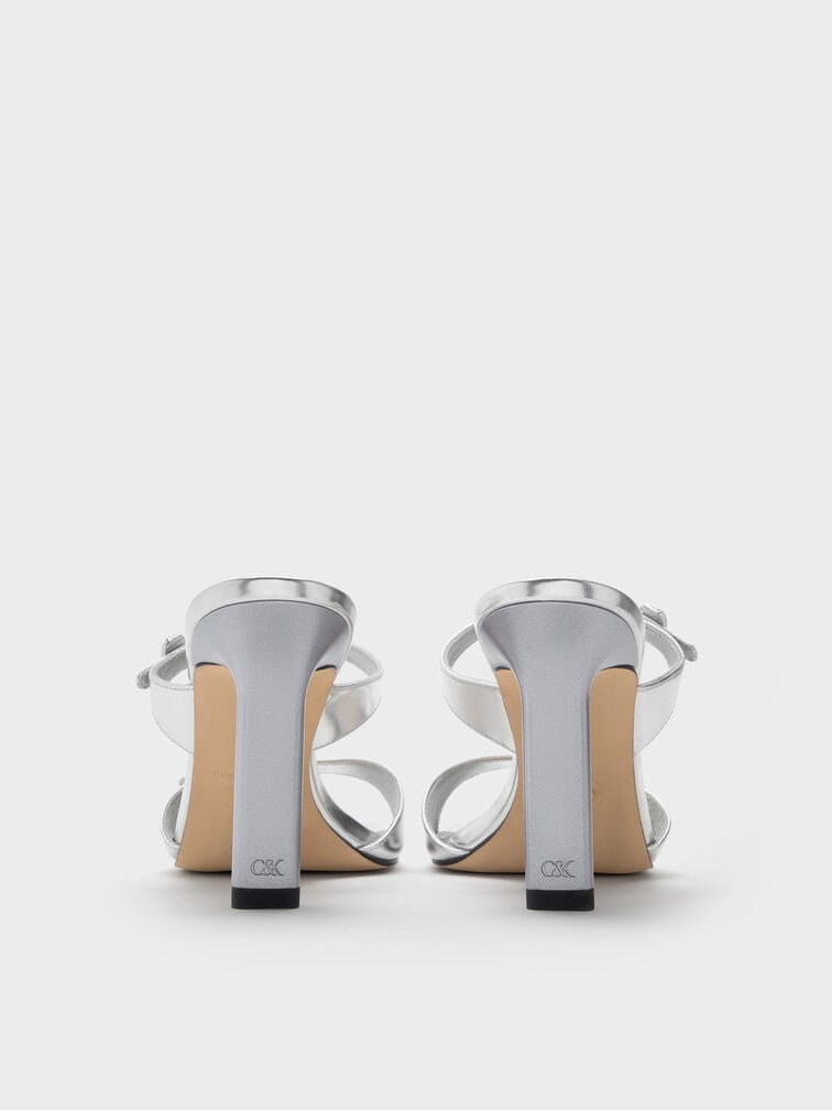Metallic Leather Gem-Buckle Double-Strap Heeled Sandals, Silver, hi-res