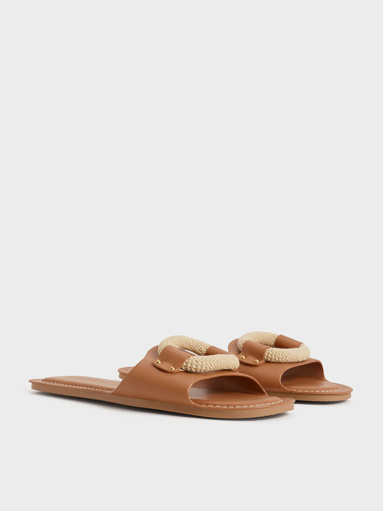 Raffia Ring Slide Sandals, Brown, hi-res