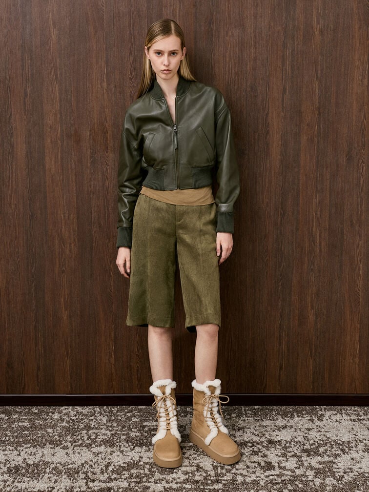 Botas de plataforma plana con caña plegable de antelina y pelo sintético, Arena Botas de plataforma plana con caña plegable de antelina y pelo sintético, Arena, hi-res