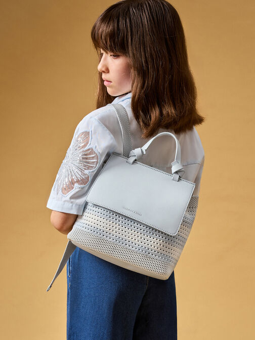 Girls' Ida Knitted Checkered Backpack, Sea Salt Blue, hi-res