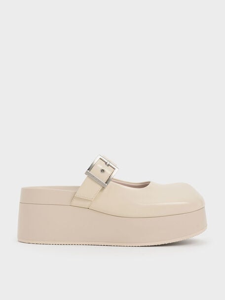 Buckle-Strap Flatform Mules, Chalk, hi-res