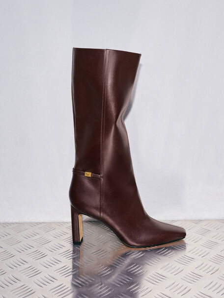 Botas Georgina por la rodilla en piel con puntera c&oacute;nica cuadrada, Burdeos, hi-res