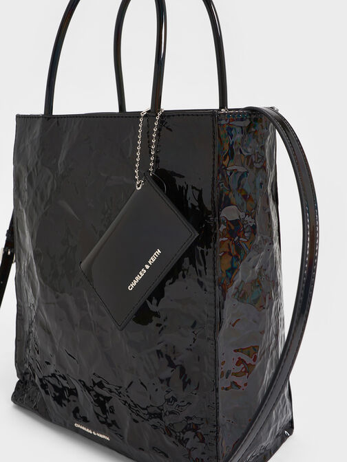 Large Matina Patent Crinkle-Effect Elongated Tote Bag, Prism Noir, hi-res