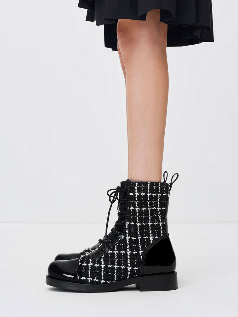 Tweed & Patent Combat Boots, Black Textured, hi-res