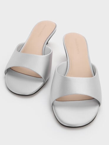 Satin Crystal-Heel Mules, Silver, hi-res