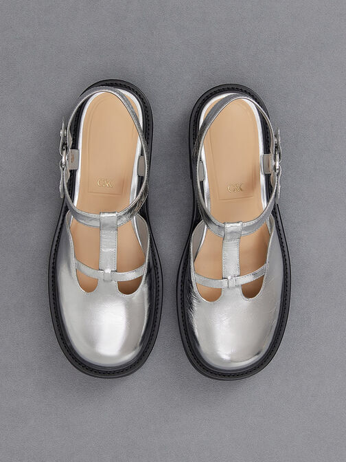 Metallic Leather Cut-Out T-Bar Mary Jane Flats, Silver, hi-res