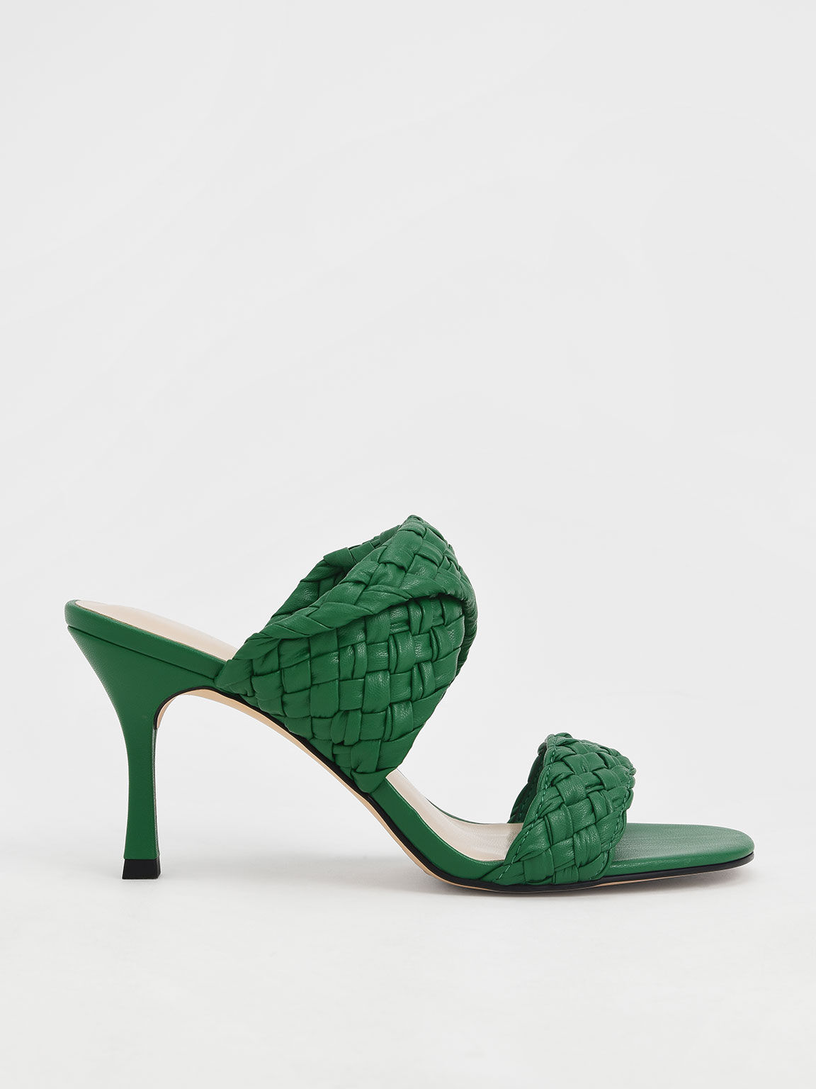 Green Double Strap Woven Heeled Mules - CHARLES & KEITH US