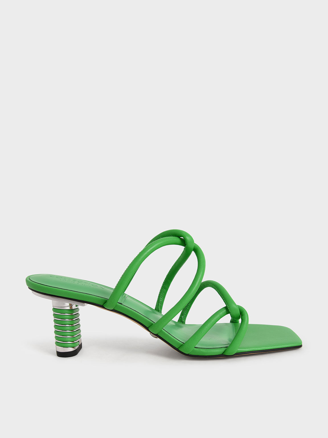 Leather Tubular Strap Heeled Sandals, Green, hi-res