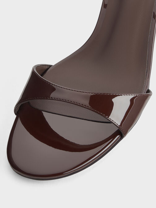 Patent Ankle-Strap Block-Heel Sandals, Dark Brown, hi-res